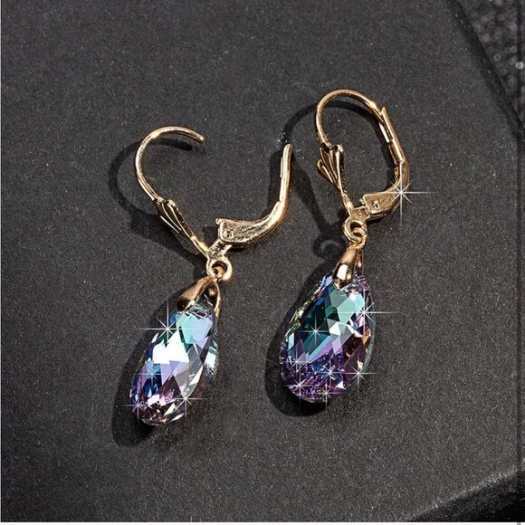14K Yellow Gold with Vitrail Light Austrian Crystal Teardrop Leverback Earrings - Picture 3 of 6